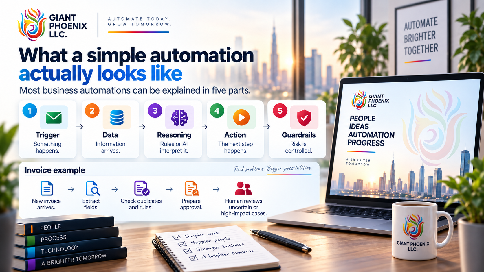 Five parts of a simple automation: trigger, data, reasoning, action, guardrails — with an invoice-processing example