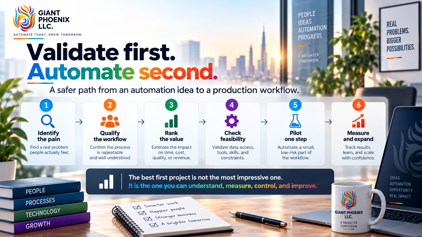 Validate first, automate second: identify the pain, qualify the workflow, rank the value, check feasibility, pilot one step, measure and expand